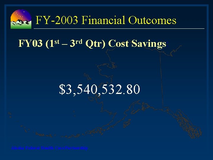 FY-2003 Financial Outcomes FY 03 (1 st – 3 rd Qtr) Cost Savings: $3,