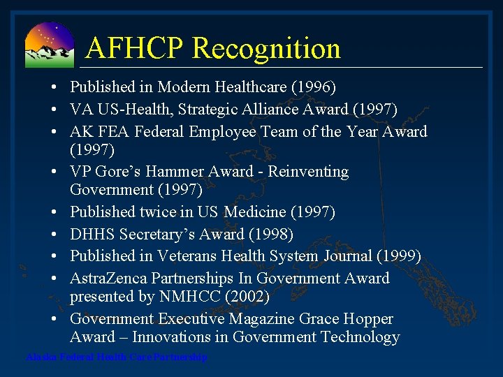 AFHCP Recognition • Published in Modern Healthcare (1996) • VA US-Health, Strategic Alliance Award