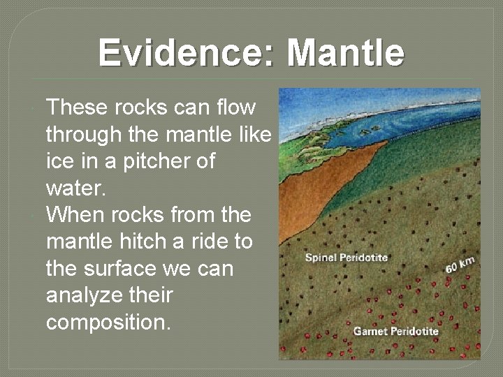 Evidence: Mantle These rocks can flow through the mantle like ice in a pitcher