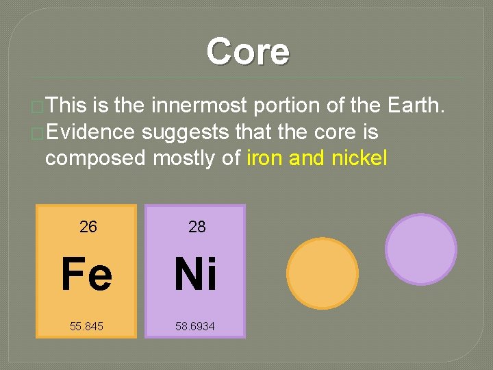 Core �This is the innermost portion of the Earth. �Evidence suggests that the core