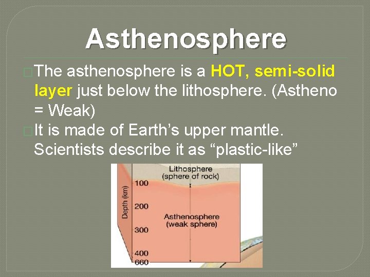 Asthenosphere �The asthenosphere is a HOT, semi-solid layer just below the lithosphere. (Astheno =