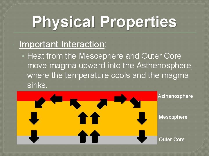 Physical Properties Important Interaction: • Heat from the Mesosphere and Outer Core move magma