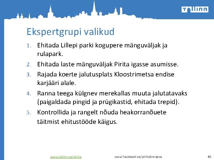 Ekspertgrupi valikud 1. Ehitada Lillepi parki kogupere mänguväljak ja 2. 3. 4. 5. rulapark.