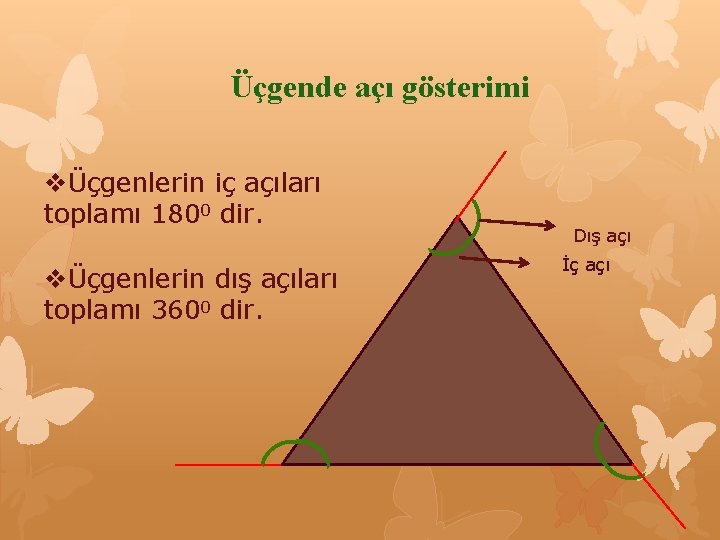 Üçgende açı gösterimi vÜçgenlerin dış açıları toplamı 3600 dir. Dış açı İç açı (