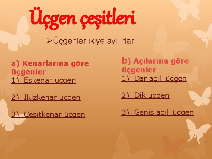 Üçgen çeşitleri ØÜçgenler ikiye ayılırlar a) Kenarlarına göre üçgenler 1) Eşkenar üçgen b) Açılarına