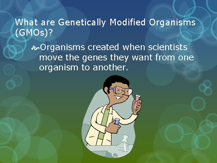 What are Genetically Modified Organisms (GMOs)? Organisms created when scientists move the genes they
