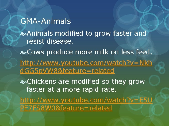 GMA-Animals modified to grow faster and resist disease. Cows produce more milk on less