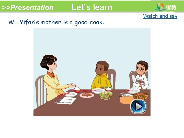>>Presentation Let’s learn Wu Yifan’s mother is a good cook. Watch and say 
