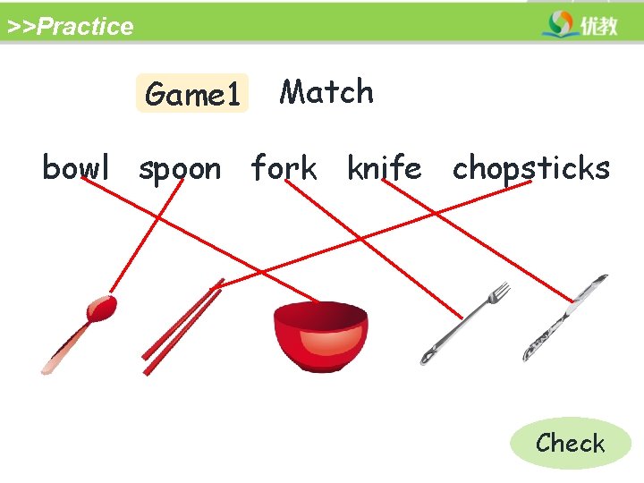 >>Practice Game 1 Match bowl spoon fork knife chopsticks Check 