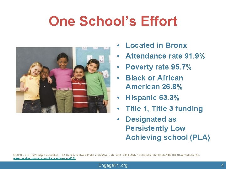 One School’s Effort • • Located in Bronx Attendance rate 91. 9% Poverty rate