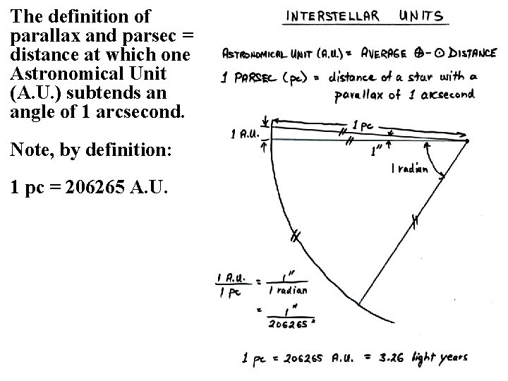 The definition of parallax and parsec = distance at which one Astronomical Unit (A. The definition of parallax and parsec = distance at which one Astronomical Unit (A.