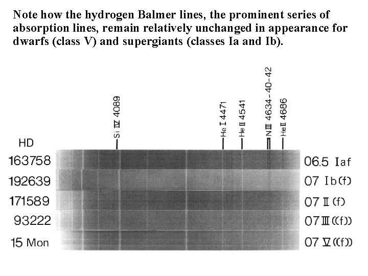 Note how the hydrogen Balmer lines, the prominent series of absorption lines, remain relatively Note how the hydrogen Balmer lines, the prominent series of absorption lines, remain relatively