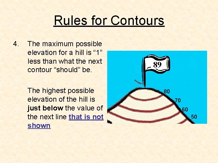 Rules for Contours 4. The maximum possible elevation for a hill is “ 1”