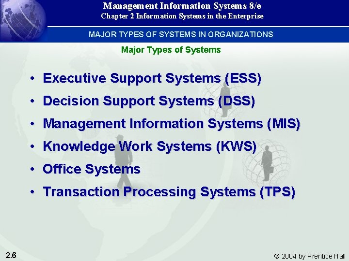 Management Information Systems 8/e Chapter 2 Information Systems in the Enterprise MAJOR TYPES OF