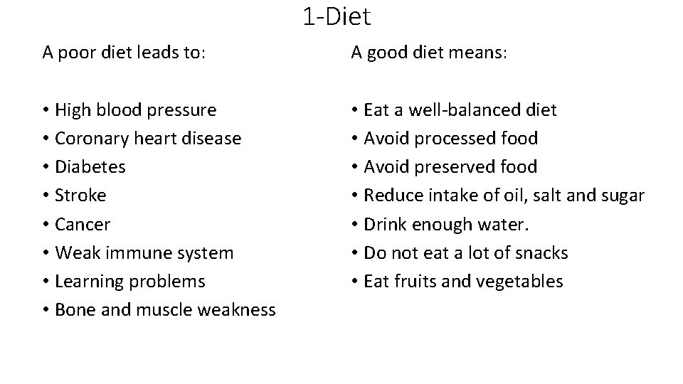 1 -Diet A poor diet leads to: A good diet means: • High blood