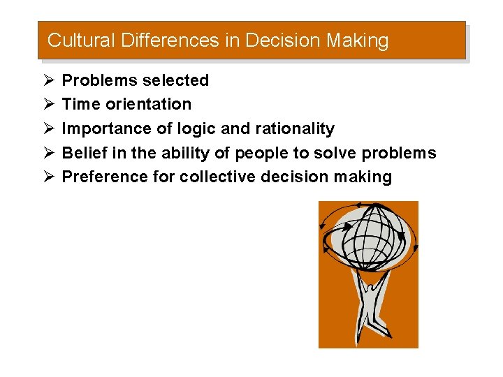 Cultural Differences in Decision Making Ø Ø Ø Problems selected Time orientation Importance of