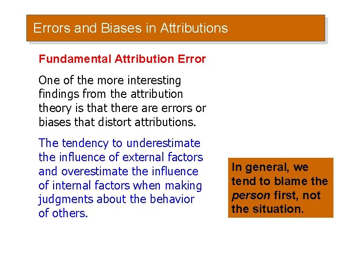 Errors and Biases in Attributions Fundamental Attribution Error One of the more interesting findings