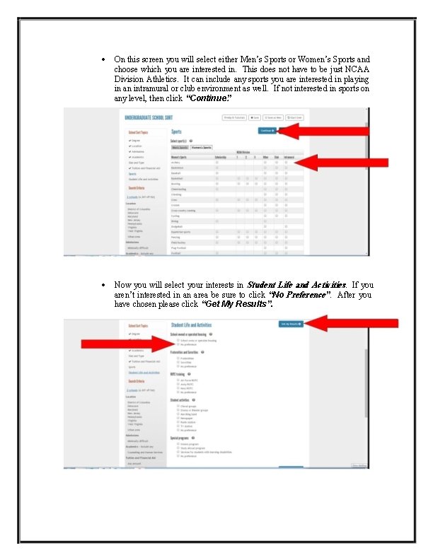  On this screen you will select either Men’s Sports or Women’s Sports and