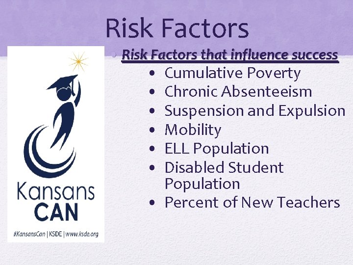 Risk Factors • Risk Factors that influence success • • • Cumulative Poverty Chronic