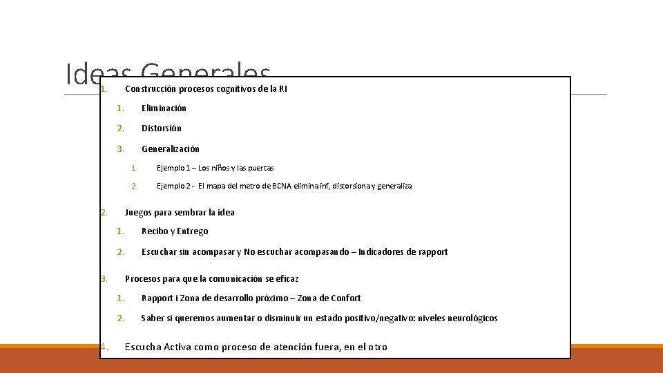 Ideas Generales 1. Construcción procesos cognitivos de la RI 1. Eliminación 2. Distorsión 3.