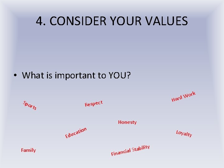 4. CONSIDER YOUR VALUES • What is important to YOU? ork Spo W Hard