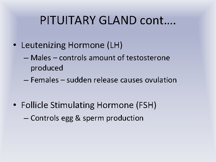 PITUITARY GLAND cont…. • Leutenizing Hormone (LH) – Males – controls amount of testosterone