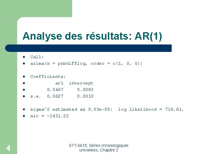 Analyse des résultats: AR(1) l l l l 4 Call: arima(x = pnbdifflog, order