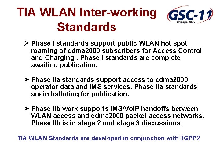 TIA WLAN Inter-working Standards Ø Phase I standards support public WLAN hot spot roaming