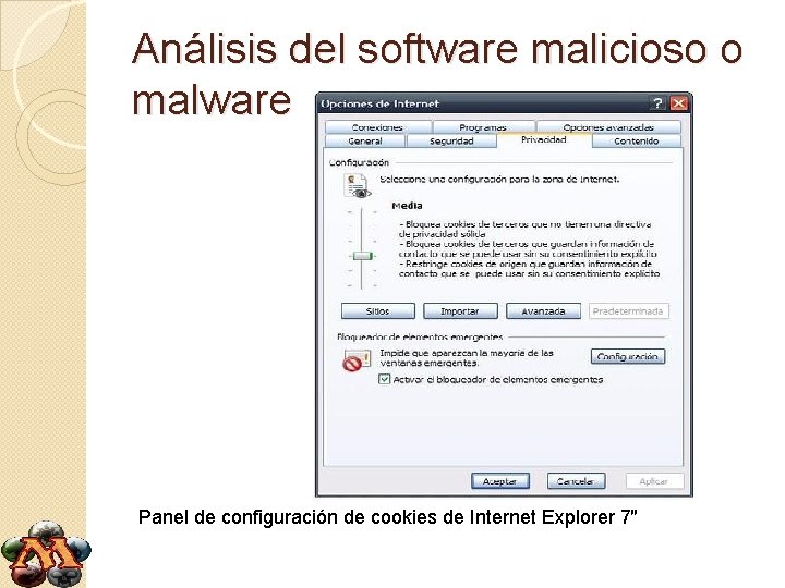 Análisis del software malicioso o malware Panel de configuración de cookies de Internet Explorer