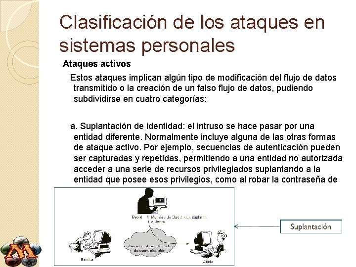 Clasificación de los ataques en sistemas personales Ataques activos Estos ataques implican algún tipo