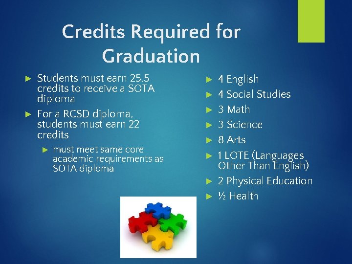 Credits Required for Graduation Students must earn 25. 5 credits to receive a SOTA