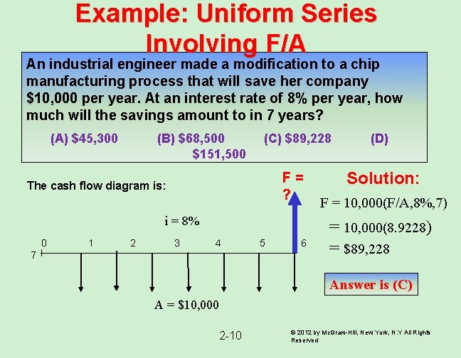 Example: Uniform Series Involving F/A An industrial engineer made a modification to a chip Example: Uniform Series Involving F/A An industrial engineer made a modification to a chip