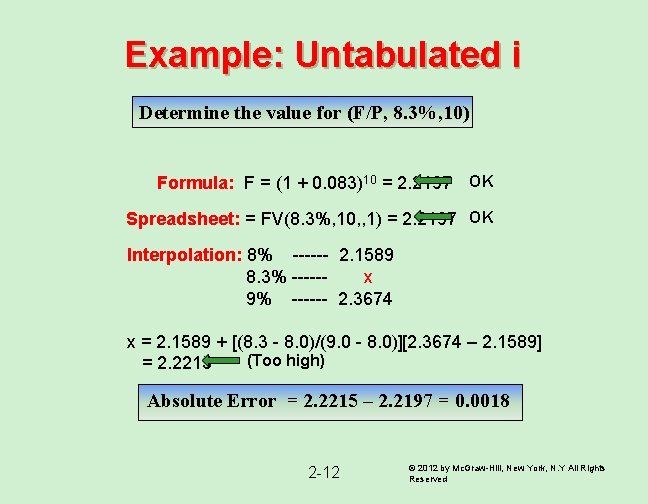 Example: Untabulated i Determine the value for (F/P, 8. 3%, 10) Formula: F = Example: Untabulated i Determine the value for (F/P, 8. 3%, 10) Formula: F =