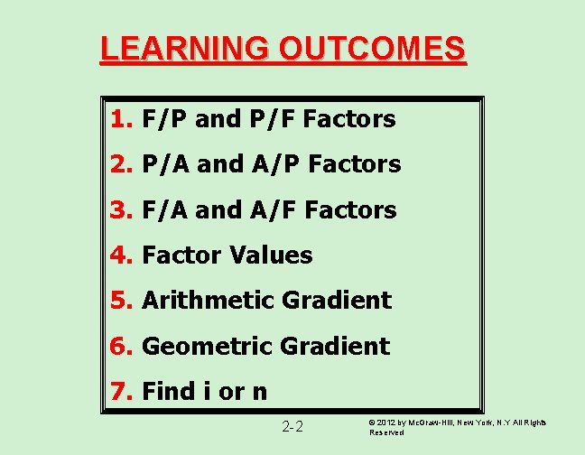 LEARNING OUTCOMES 1. F/P and P/F Factors 2. P/A and A/P Factors 3. F/A LEARNING OUTCOMES 1. F/P and P/F Factors 2. P/A and A/P Factors 3. F/A