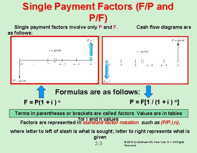 Single Payment Factors (F/P and P/F) Single payment factors involve only P and F. Single Payment Factors (F/P and P/F) Single payment factors involve only P and F.