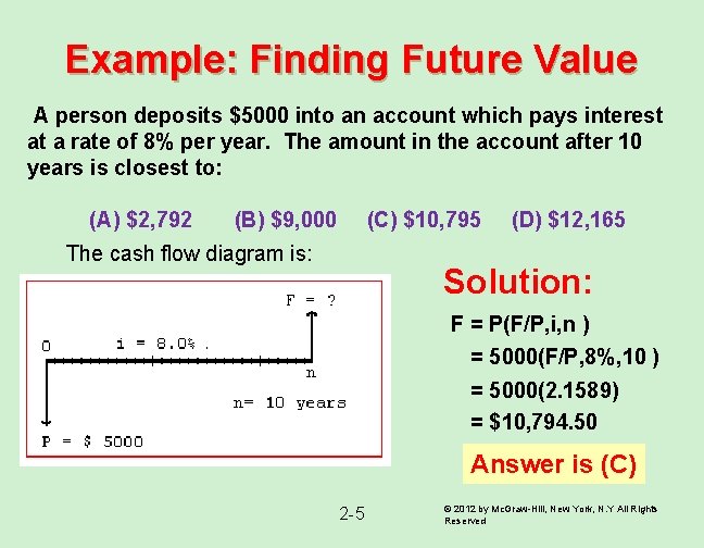 Example: Finding Future Value A person deposits $5000 into an account which pays interest Example: Finding Future Value A person deposits $5000 into an account which pays interest
