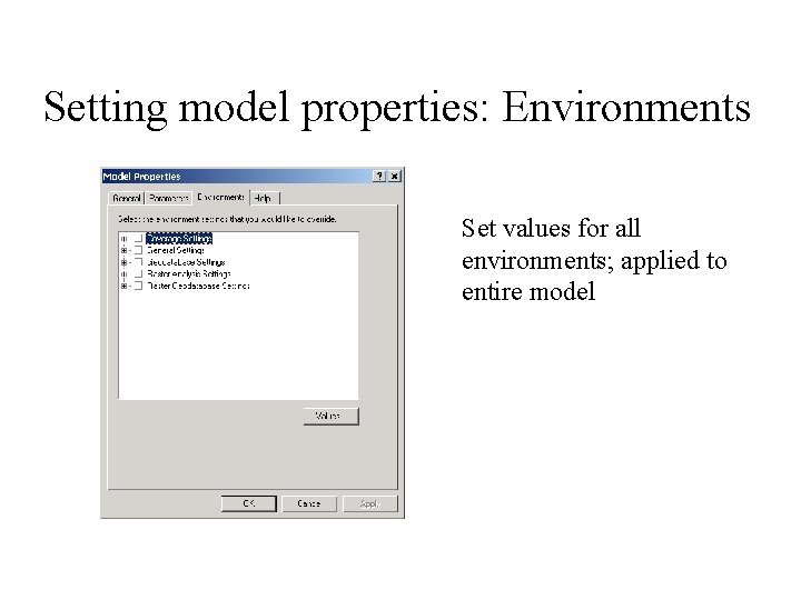 Setting model properties: Environments Set values for all environments; applied to entire model 