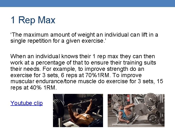 1 Rep Max ‘The maximum amount of weight an individual can lift in a 1 Rep Max ‘The maximum amount of weight an individual can lift in a