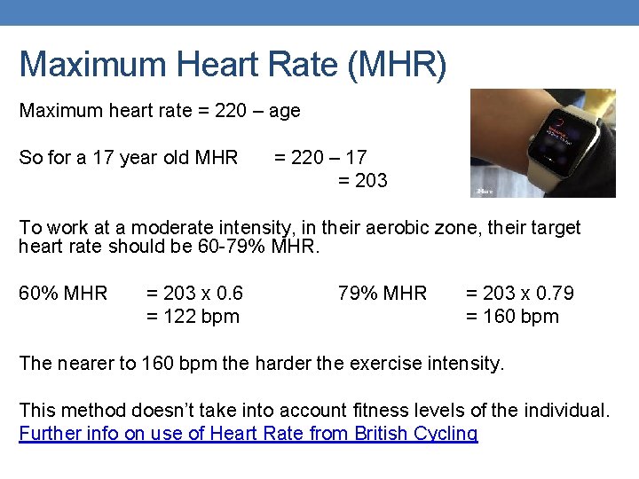 Maximum Heart Rate (MHR) Maximum heart rate = 220 – age So for a Maximum Heart Rate (MHR) Maximum heart rate = 220 – age So for a