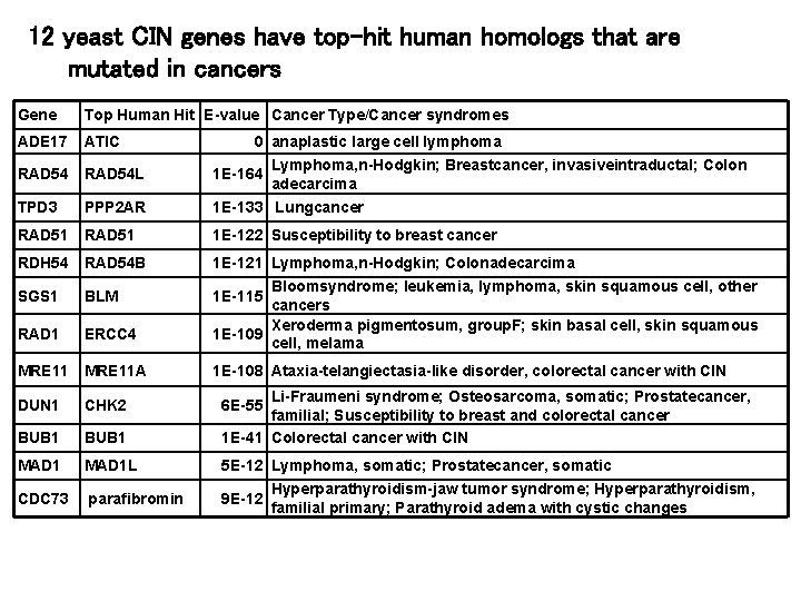 12 yeast CIN genes have top-hit human homologs that are mutated in cancers Gene
