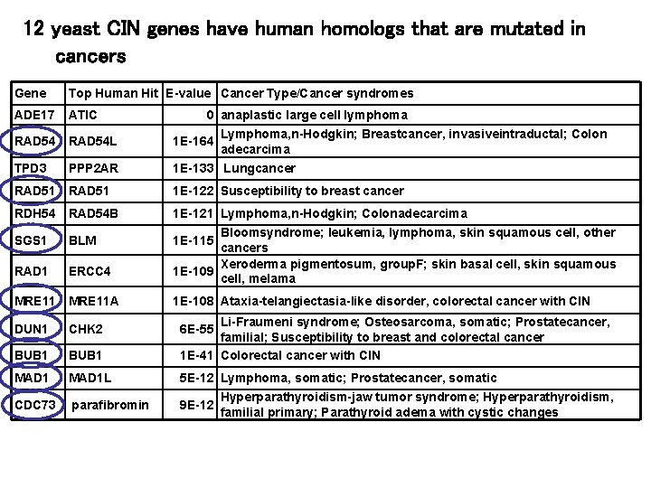 12 yeast CIN genes have human homologs that are mutated in cancers Gene Top