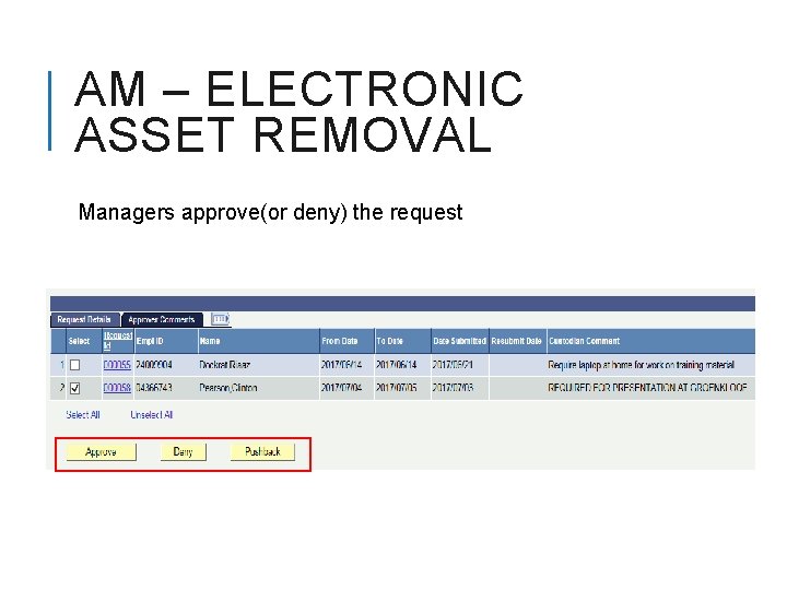 AM – ELECTRONIC ASSET REMOVAL Managers approve(or deny) the request 