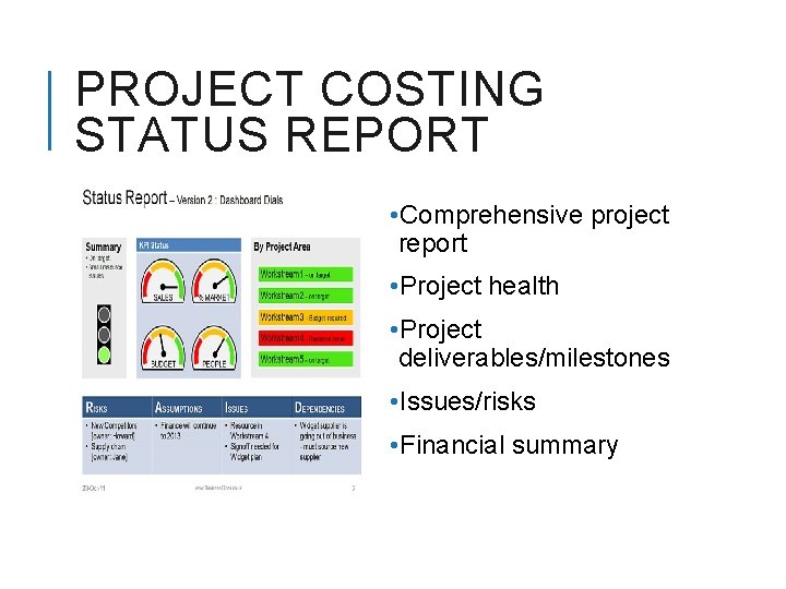 PROJECT COSTING STATUS REPORT • Comprehensive project report • Project health • Project deliverables/milestones