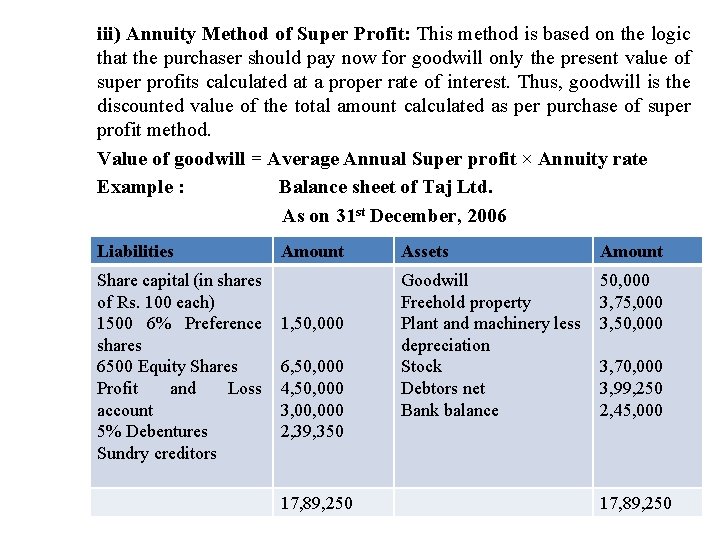 iii) Annuity Method of Super Profit: This method is based on the logic that