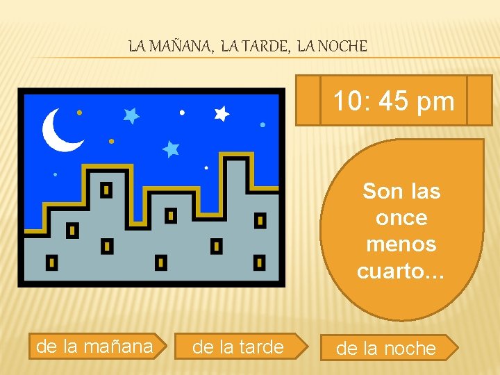 LA MAÑANA, LA TARDE, LA NOCHE 10: 45 pm Son las once menos cuarto…