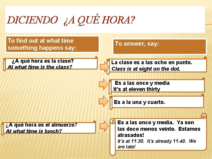 DICIENDO ¿A QUÉ HORA? To find out at what time something happens say: ¿A