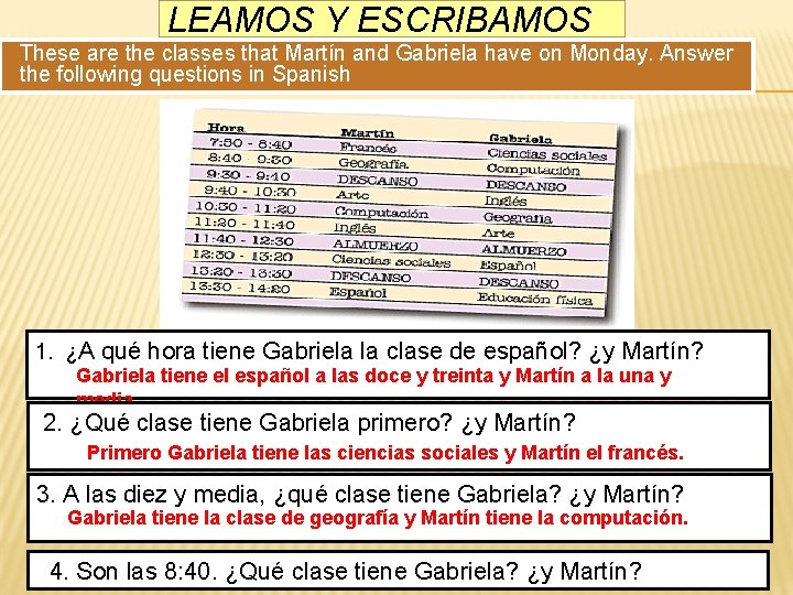 LEAMOS Y ESCRIBAMOS These are the classes that Martín and Gabriela have on Monday.