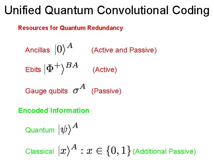 Unified Quantum Convolutional Coding Resources for Quantum Redundancy Ancillas (Active and Passive) Ebits (Active)