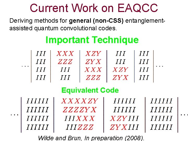 Current Work on EAQCC Deriving methods for general (non-CSS) entanglementassisted quantum convolutional codes. Important