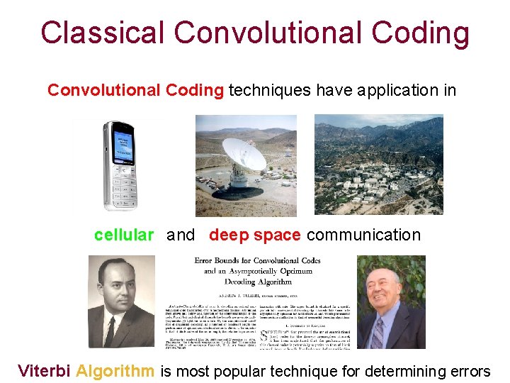 Classical Convolutional Coding techniques have application in cellular and deep space communication Viterbi Algorithm